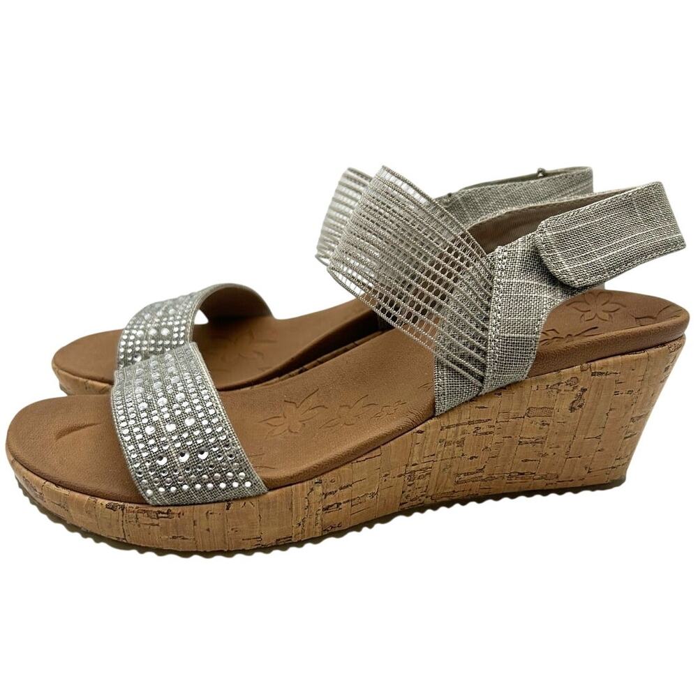 New Skechers Beverlee Luxe Foam Rhinestone Wedge Sandal Cork Heel Size 8 NWT